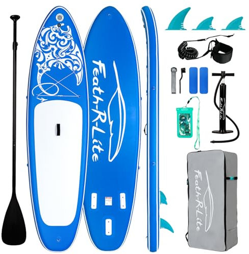 FEATH-R-LITE Aufblasbares Stand Up Paddle Board SUP mit Paddleboard Zubehör, Multifunktionale Paddle Boards Rutschfestes Deck Design für Erwachsene und Jugendliche (Weiß und Blau)