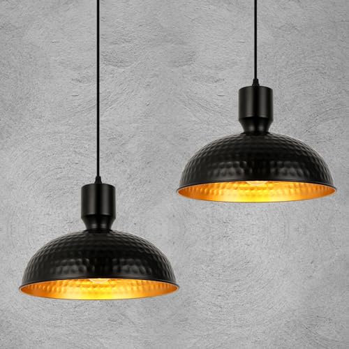 FORCOSO 2 x Pendelleuchte Schwarz Gold - E27 Pendelleuchte Esstisch Ø31cm Modern Industrial Hängelampe Metall Gehämmertes Pendelleuchte Vintage Deckenlampe für Wohnzimmer Schlafzimmer Küche