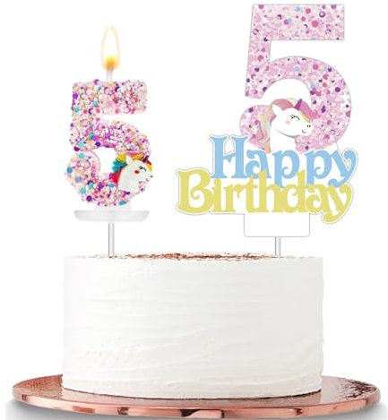 Unicorn 5th Birthday Cake Topper with Number Candle & 5 Unicorn Candles - Cake Decorations for Girls & Boys 5th Birthday Party