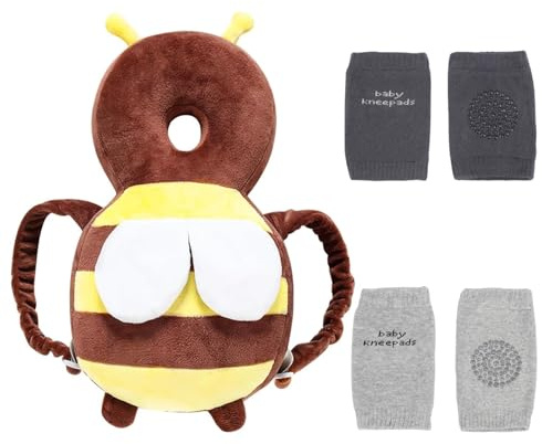 VBNZBK Baby Kopfschutz, Atmungsaktive Verstellbares Baby Kopfschutzpolster mit Knieschoner Baby Krabbeln Geeignet für Kinder Von 4 Bis 24 Monaten, die Krabbeln und Laufen Lernen (Biene, Braun)