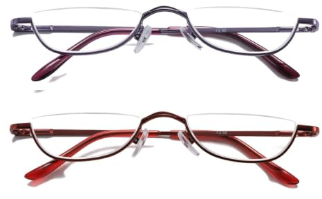 Hubeye 2 Pack Halbmond Lesebrille aus Metall für Damen und Herren Halbrahmen Lesehilfe Ultraleichte Federscharnier Schmal Sehhilfe 1.00