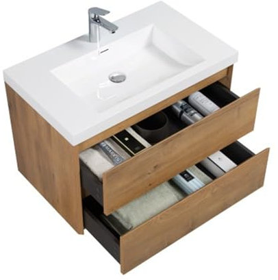 Badezimmer-waschtischset Aus Eichenholz – Wandwaschbecken Mit Unterschrank, Soft-Close-schubladen, Vormontiert, Umweltfreundliches Material – Wasserhahn/auslauf Nicht Im Lieferumfang Enthalten
