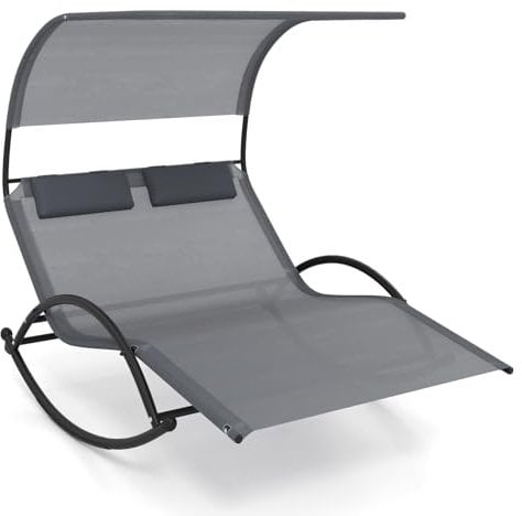 COSTWAY Sonnenliege für 2 Personen, Doppelliege mit Dach und 2 abnehmbaren Kopfstützen, ergonomische Gartenliege, Schaukelliege bis 300 kg belastbar, Relaxliege für Garten, Terrasse, Grau