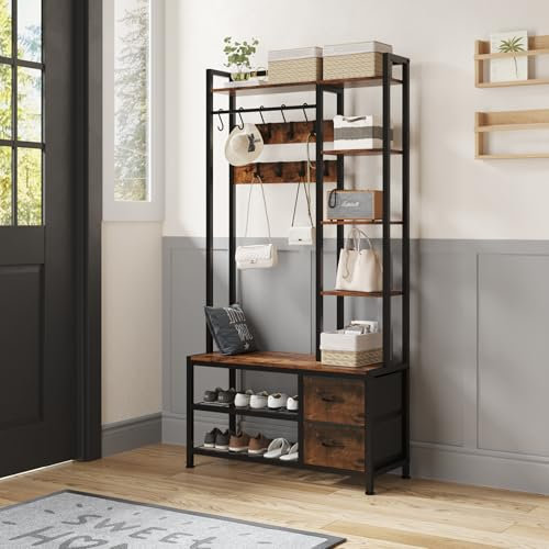 LUMTOK Hall Tree with Bench Storage and Shoes Storage, Hall Tree with Drawers and Shelves for Bedroom, Living Room, Entryway, Closets (Rustic Brown)