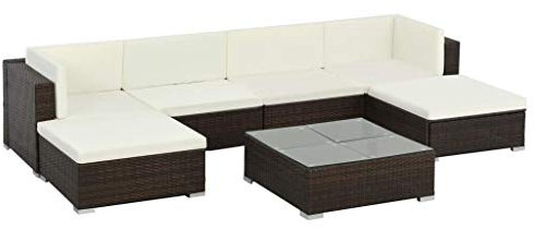 Keyroto Garten Lounge Gartensofa Wetterfest Balkonsofa Outdoor Balkonmöbel Kleiner Balkon Sitzecke Ecksofa Sofagarnitu Poly Rattan-Braun-7-tlg