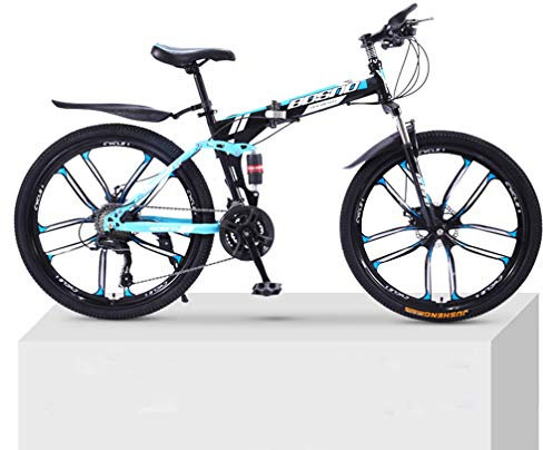 21-Gang-Mountainbike mit 10 Messerrädern, zusammenklappbar, für Erwachsene, doppelte Dämpfung, Geländefahrräder für Männer und Frauen mit Variabler Geschwindigkeit, Schwarz Blau, 24 Zoll
