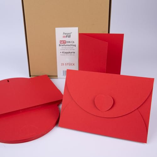 PresentFill® - blanko Falt-Karten inkl. Briefumschläge mit Herz Verschluß - 25er Set - Rubin Rot - Klappkarten zum selbst gestalten, beschriften oder bedrucken - DIN A6 / C6