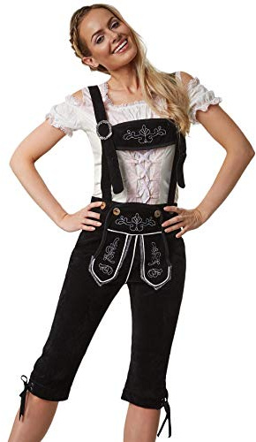 dressforfun Kniebundhose, Lederhose Damen knielang, Trachten Hose Damen Outfit mit Träger in klassischer Trachtenlederhose Form, schwarz mit weißen Stickereien - diverse Größen