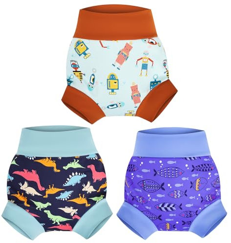 MOEMOE BABY Pannolino da nuoto, Riutilizzabile Costume Contenitivo per Bambini Neonato Neonata,3 pezzi,Dino,M/3T/2-3 Anni