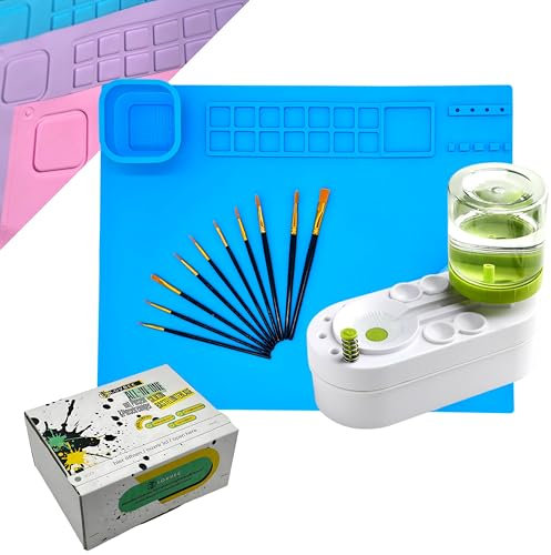 Malmatte Silikon mit Pinselset & Pinselreiniger Becher | Bastelunterlage Groß 51x41cm | Rutschfeste Silikonmatte für Malen, Harz, DIY, Play Doh Kindergeeignet, Leicht zu Reinigen (Blau)