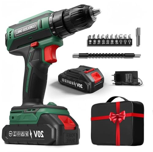 Trapano Avvitatore Batteria, Avvitatore a Batteria, 20V, 2 Velocità, Trapano a Batteria Max 42Nm, 25+1 Coppia Trapani Avvitatori Elettrico, 2.0Ah, Mandrino 10mm, LED Luce, per Riparazioni e Fai da te