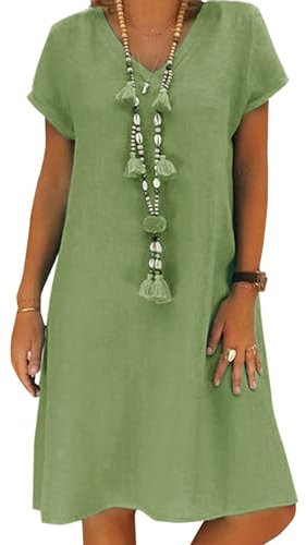 Kvruhuiy Women's V Neck Short Sleeve Shirt Dress Linen Cotton Elegant Summer Casual Solid Color Beach Short Dress Green M