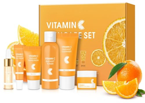 Vitamin-C-Hautpflegeset – Tagespflege-Set, Feuchtigkeitsspendendes & Porenverfeinerndes Set, Tägliche Glow-Routine | Reinigungs-Toner, Serum, Augencreme, Gesichtscreme, 6-teilig