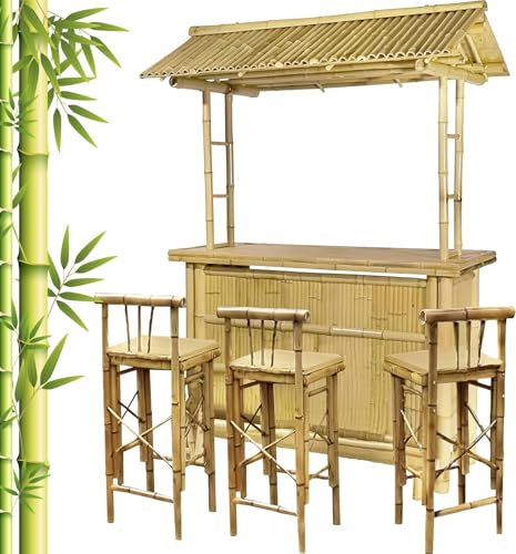 habeig Bambusbar-Set Rivas, Theke mit 3 Hockern, 160x90x220cm, Barset für Garten