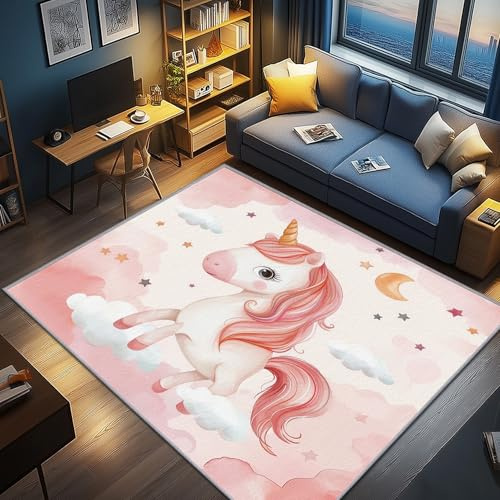 AevuCub Einhorn Deko, Kinder Mädchen Teppich 80x150 Kurzflor, Kleiner Teppich Wohnzimmer Pink Rosa Cartoon, Weich rutschfest Waschbare Teppiche, Bettvorleger Schlafzimmer Kinderzimmer