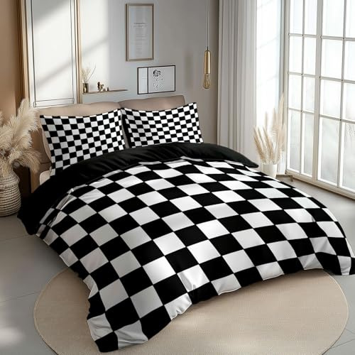 CozyRest Black Reversible Duvet Cover Double Size, Formula Racing Checkered Flag Pattern Printed Quilt Cover with Zipper, Super Soft Hotel Quality Bedding for Adults and Couples, 200x200 cm