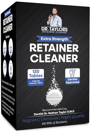 Dr. Taylor's Denture & Retainer Cleaner Tablet (120 Count) Effectively Removes Stains, Tartar, and Odors - Sports Guard, Night Guard, Clear Liner & Denture - Fresh Mint Flavor