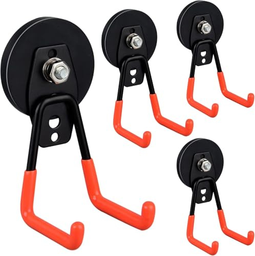 ULIBERMAGNET Robuste magnetische Garagenhaken, 4 Stück, starke große Magnethaken für Bohrmaschine, Schlauch, Garage, Werkstatt, magnetische Aufbewahrungshaken für Innen- und Außenbereich, Orange