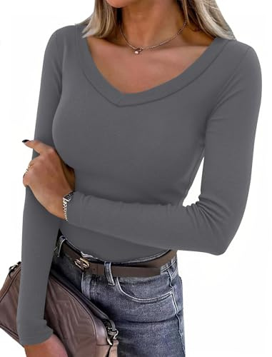 Aottori Camiseta Mujer Manga Larga Cuello Pico Top Básico Canalé Camisetas Shirt Elegante Ajustado Elástico Liso Jersey Túnica