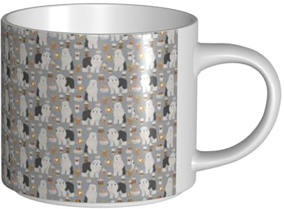 Tcoay Kaffeetassen, Frühstückstasse, Hafermilch, Teetasse, Keramiktasse, groß, Old English Sheepdog, süßer Old English Sheepdog und Kaffee,Weiß,Einheitsgröße