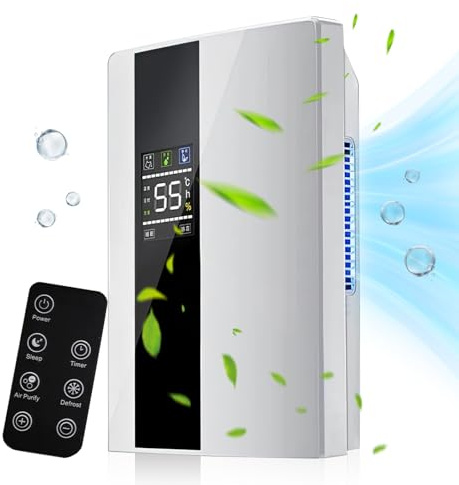 Dehumidifier for Home 2.2L, 2-in-1 Dehumidifier and Air Purifier with Automatic Humidity Sensor & Display, 24Hr Timer & Continuous drainage, for Bedroom, Bathroom, Office