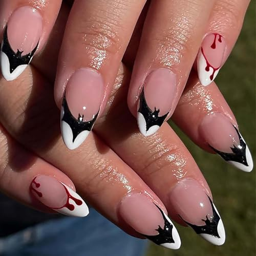 Gothic Halloween French Tip Press On Nails With Red Drip & Bat Design, 24 Pcs Short Almond Artificial Nails For Women Featuring Glitter Details, Easy Application Pre-Shaped Manicure Set