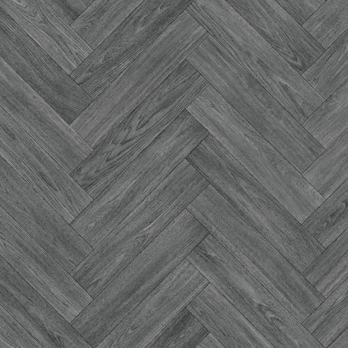Vinyl Flooring Wood Oak Herringbone Design Foam Backed Vinyl Flooring Roll | Non-Slip Easy Clean Waterproof Lino Vinyl Floor | Living Dining Room, Lounge, Hallway Flooring (Dark Grey, 3m x 10m)