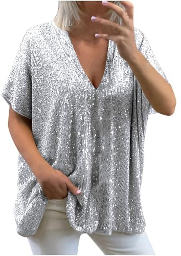 KODMNSW Glitzer Oberteile Damen Große Größen Elegant V Ausschnitt Pailletten Oberteil Lockere Passform Party Club Bluse Festliche Kleidung Glitzeroberteil 70er Jahre Outfit Silber XL