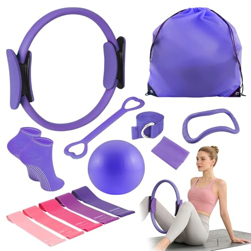 Aischens Juego de Anillo de Pilates-13 Piezas, con Aros de Pilates, Mini Pelota, Banda de Fitness, Bandas elásticas y Accesorios de Entrenamiento, Kit de Anillos de Pilates para Fitness