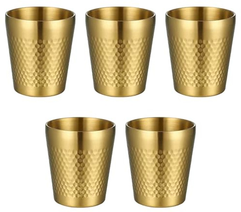 Mocifa 5 Piezas Vasos Acero Inoxidable 300ml Doble Pared Taza Camping Vasos Dorados Metal Apilables Inastillable Diseño de Martillo Tazas Acero Inoxidable Sin Asa para Agua Zumo Cerveza Café (Dorado)