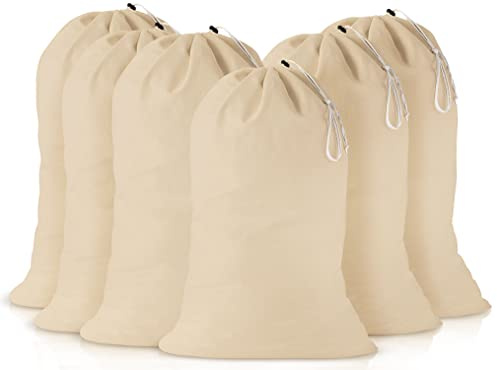 Linen Clubs Extra Large 100% Cotton Laundry Bags, 61 x 91 cm (24 x 36 in), Pack of 6, Heavy Duty Washable Drawstring Sacks for Washing, Hamper Liners, Storage and Travel, Natural