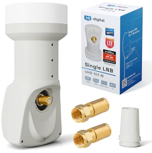 hb-digital Single LNB (Test SEHR GUT *) LNC Kopf 1 Teilnehmer Direkt LTE Protected Satelliten Digital Sat Full HD TV 3D 4K UHD Kontakte vergoldet Wetterschutz Weiß White + 2X F-Kompressionsstecker