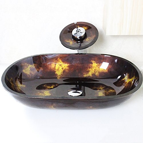 HomeLava Modern Oval Glas Waschbecken+Wasserfall Armatur Set