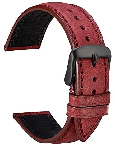 WOCCI 20mm Nubuk Leder Uhrenarmband mit Schwarz Edelstahlschnalle, Schnellverschluss Armband für Damen und Herren (Wein Rot)