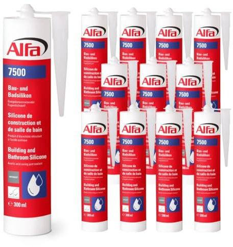 12x Alfa Sanitärsilikon Steingrau Bausilikon witterungs- und UV-beständiger Badsilikon Fugendichtstoff für Innen- und Außenbereich