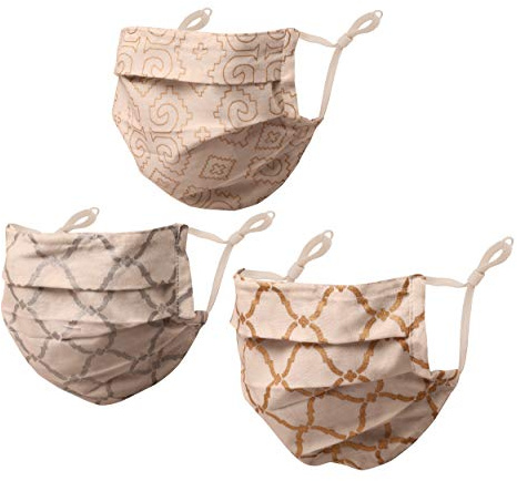 Touchstone Indian Heritage Fabric Verstellbare Filtertasche Nasensteg doppellagige Gesichtsmaske aus Baumwolle, wiederverwendbar und waschbar für Männer und Frauen (3er-Pack). Gold Silber Weiß