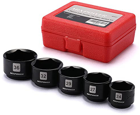 MIXPOWER 5 Pieces 3/8-Inch Drive Low Profile Fuel Filter Socket Set, Low Profile Design for Easy Access, Chrome Vanadium Steel for Resist Rust and Corrosion, Low Profile Design for Easy Access