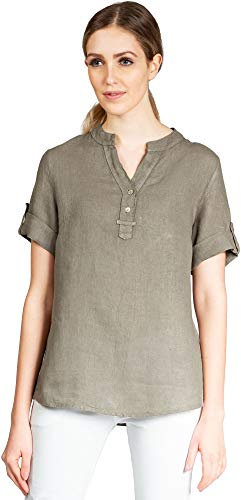 Caspar BLU025 Elegante Damen Halbarm Sommer Shirtbluse aus Leinen mit V-Ausschnitt, Farbe:Taupe, Größe:44
