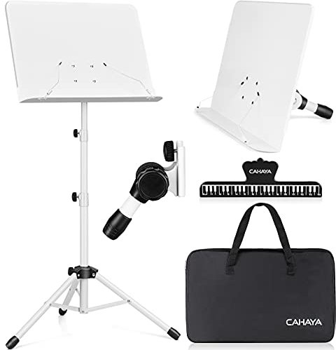 CAHAYA Sheet Music Stand Metal Portable with Carrying Bag, Sheet Music Clip, Projector Stand, Portable Podium Stand, Laptop Stand White, Height up to 145 cm, Model CY0194-2