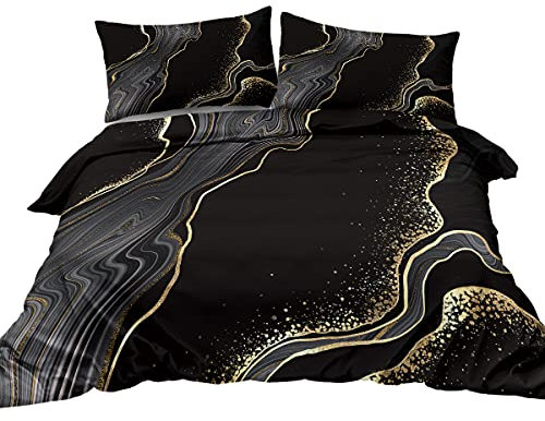 BlessLiving Black Gold Grey Marble Bedding Watercolor Marble Duvet Cover Set Abstract Chic Printed Design Quilt Cover King 1 Duvet Cover 2 Pillowcases