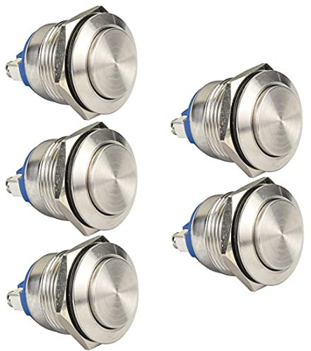 GUUZI 5 Stück 19mm 5A 12V/24V/125V/250VAC Wasserdichter Momentan-Drucktaster mit Schraubklemmen, Edelstahl-Drucktaster (Hoher Kopf)