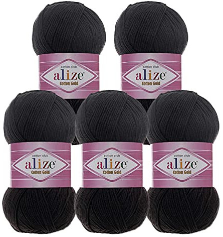 5 x 100g Strickgarn Alize Cotton Gold Uni Klassikgarn Häkelgarn Strick-Wolle Farbwahl, Farbe:60 schwarz