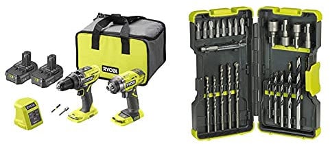 Ryobi R18PD3RID-215S 18V ONE+ Cordless Combi Drill and Impact Driver Starter Kit (2X 1.5Ah) Amazon Exclusive & RAK30MIX Mixed Drilling and Driving Bit Set, 30 Piece