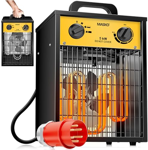 MASKO® Stufa elettrica Termoventilatore Riscaldatore da cantiere con termostato integrato, Riscaldatore elettrico con 3 livelli di calore, Termoventilatore per uso interno, giallo, 5 KW