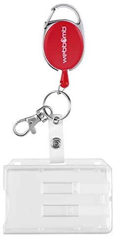 WEBBOMB® Ausweishalter für 1-2 Karten 3 FARBEN Kartenhülle Ausweishülle Kartenhalter aus Hartplastik mit reißfester 70cm Ausweis JoJo-Schnur Karabinerhaken Schlüsselring & Metall Clip (Rot)