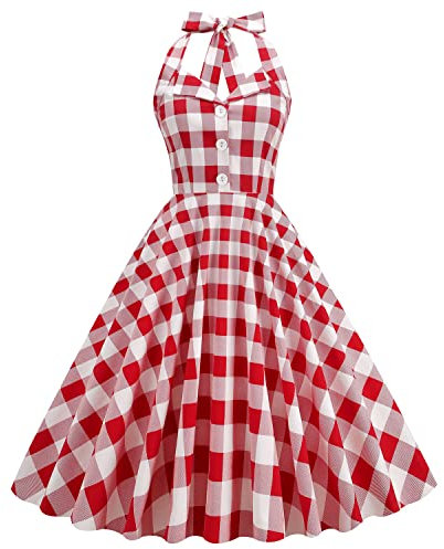 Wellwits Robe vintage des années 50 à pois pour femme, Rouge à carreaux, 36-38