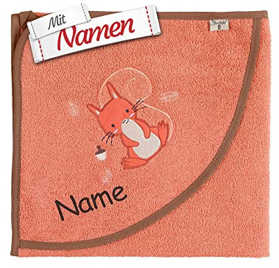 Sterntaler Kapuzenhandtuch personalisiert mit Namen/Bestickt, Eichhörnchen Enna, GOTS Zertifiziert Badetuch für Baby & Kinder, Mädchen 100x100 Badehandtuch/Kinder-Badetuch mit Kapuze