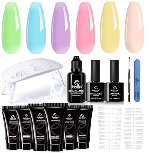 Beetles Gel Polish Poly Extension Gel Nail Kit - 6 Colors Blue Green Nude Pink Extension Nail Gel with Base Gel Top Coat Mini UV Nail Lamp