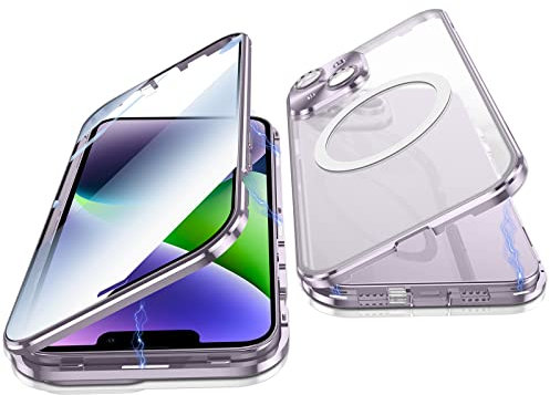 Jonwelsy Case for iPhone 14, 360 Degree Double-sided Protection Compatible with Magsafe Magnetic Adsorption Metal Bumper Front Tempered Glass Back Frosted PC Cover for iPhone 14 6.1 (Purple)