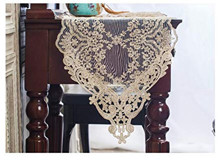 Deko Geweih Tisch, Tischdecke XXL Gold-gelb Bougainvillea-Stickerei aus dreieckigem Spitzennetz Tischläufer Polyester 30x70CM